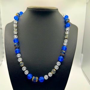 Beautiful Hobe Vintage Art Deco Blue Clear & Frosted Crystal Necklace Signed